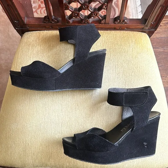 Pedro Garcia Black Suede Platform Wedge Sandals Size 9.5
