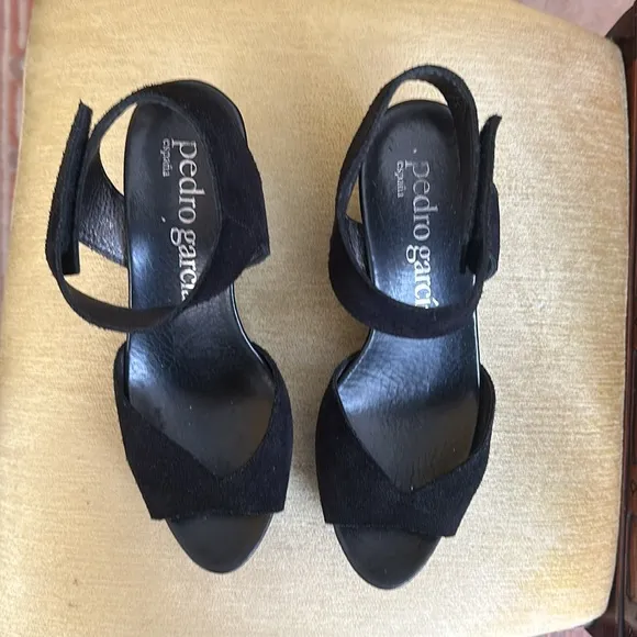 Pedro Garcia Black Suede Platform Wedge Sandals Size 9.5