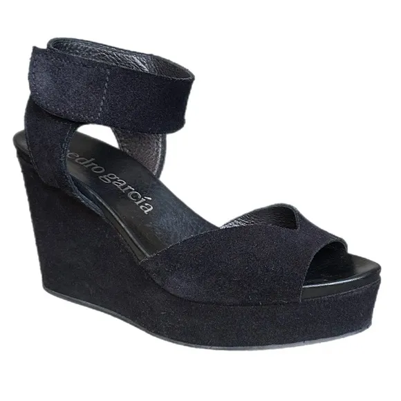 Pedro Garcia Black Suede Platform Wedge Sandals Size 9.5