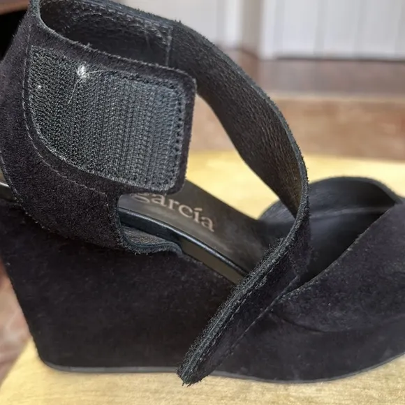 Pedro Garcia Black Suede Platform Wedge Sandals Size 9.5