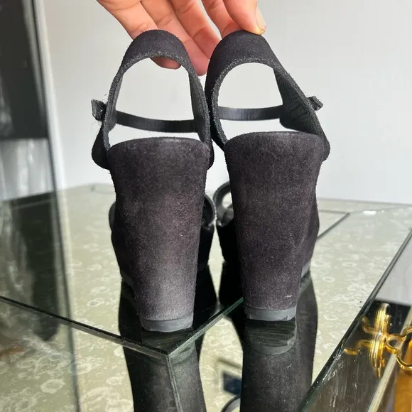 Pedro Garcia Black Suede Wedges Sandals with Gold Chainmail 36