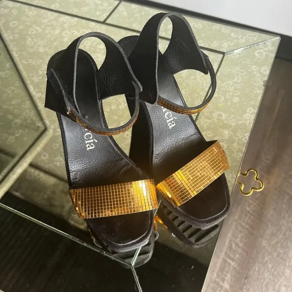 Pedro Garcia Black Suede Wedges Sandals with Gold Chainmail 36