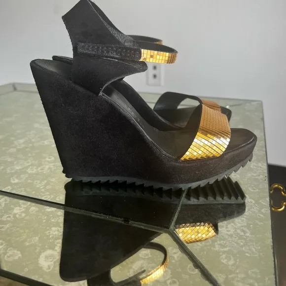 Pedro Garcia Black Suede Wedges Sandals with Gold Chainmail 36