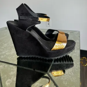 Pedro Garcia Black Suede Wedges Sandals with Gold Chainmail 36