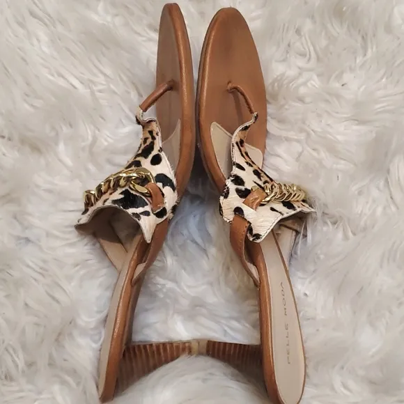 Pelle Moda Leopard Print Pony Hair Sandals Kitten Heels Size 8.5