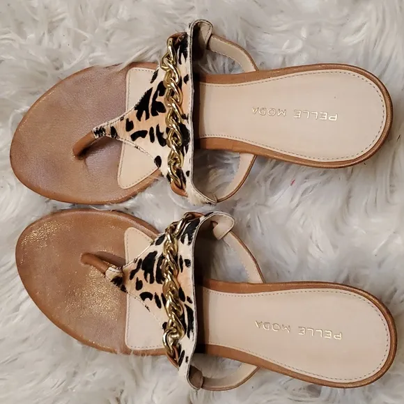Pelle Moda Leopard Print Pony Hair Sandals Kitten Heels Size 8.5