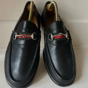 Peter Huber Black Leather Bit Loafer with Web Stripe in Red Green Mens 9 Italy
