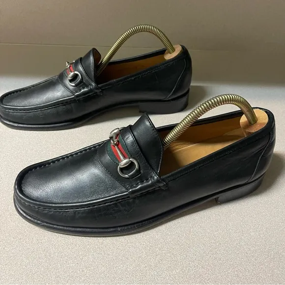 Peter Huber Black Leather Bit Loafer with Web Stripe in Red Green Mens 9 Italy