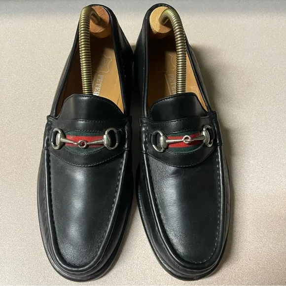 Peter Huber Black Leather Bit Loafer with Web Stripe in Red Green Mens 9 Italy