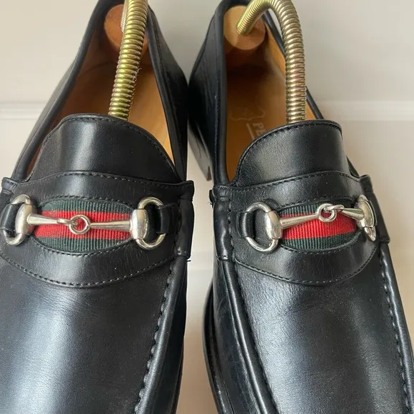 Peter Huber Black Leather Bit Loafer with Web Stripe in Red Green Mens 9 Italy
