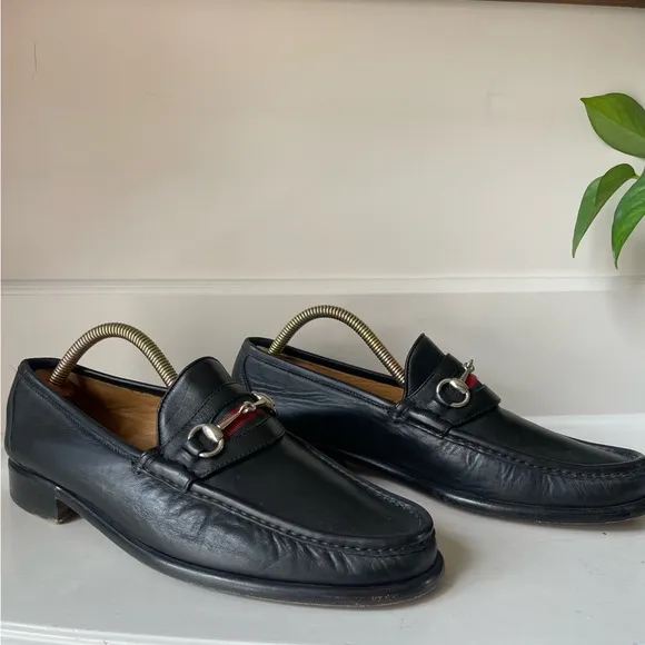 Peter Huber Black Leather Bit Loafer with Web Stripe in Red Green Mens 9 Italy