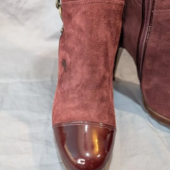 Pied Fin Bordeaux Suede and Patent Leather Knee High Stiletto Boots Wmn Sz 36.5