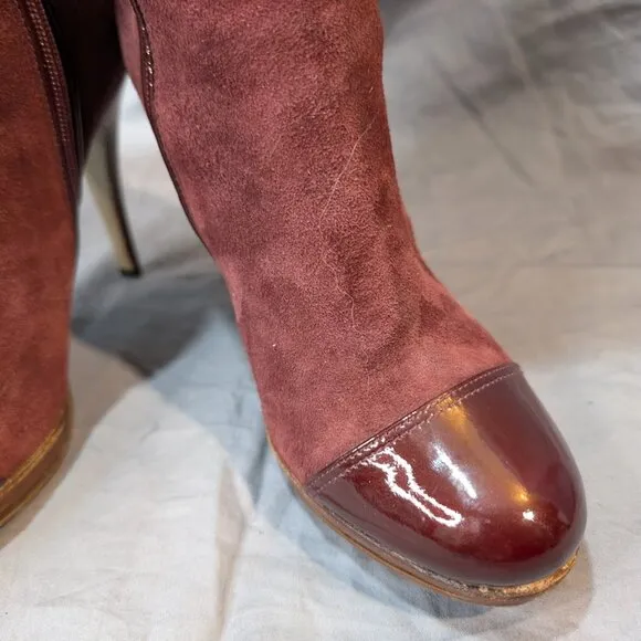 Pied Fin Bordeaux Suede and Patent Leather Knee High Stiletto Boots Wmn Sz 36.5