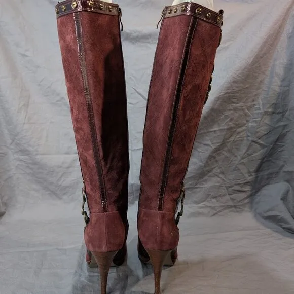 Pied Fin Bordeaux Suede and Patent Leather Knee High Stiletto Boots Wmn Sz 36.5