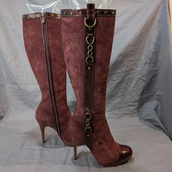 Pied Fin Bordeaux Suede and Patent Leather Knee High Stiletto Boots Wmn Sz 36.5