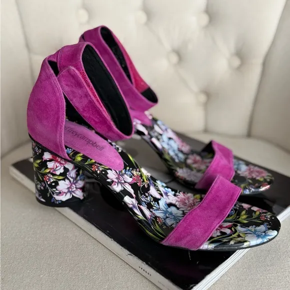 Pink Floral Heeled Sandals Velcro closure