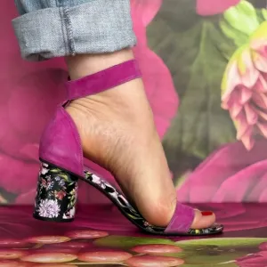 Pink Floral Heeled Sandals Velcro closure