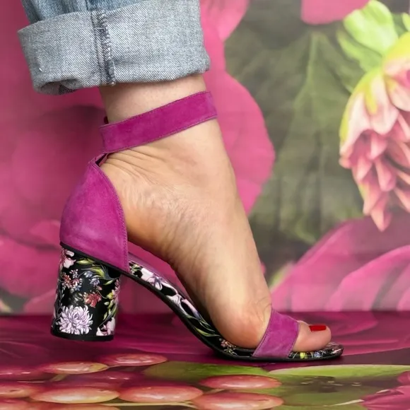 Pink Floral Heeled Sandals Velcro closure