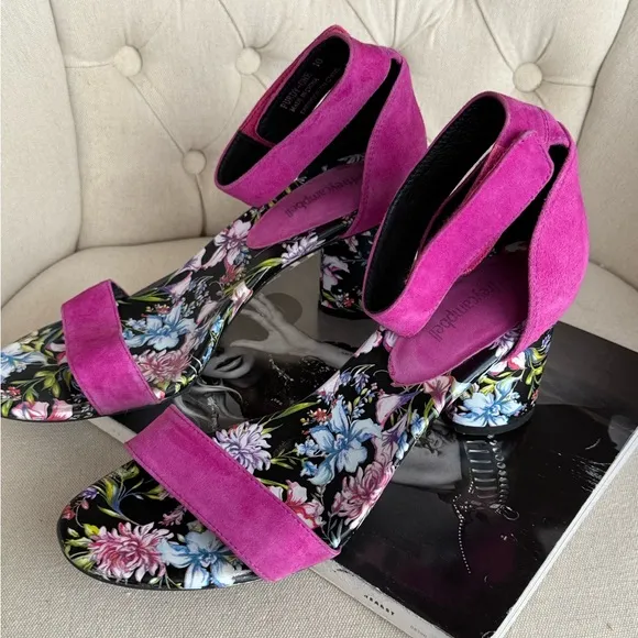 Pink Floral Heeled Sandals Velcro closure