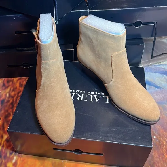 Polo Ralph Lauren Prudence Women’s Ankle Tan color sued Leather Boots New