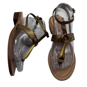 Pour La Victoire Gold Acadia Leather Stacked Heel Sandals