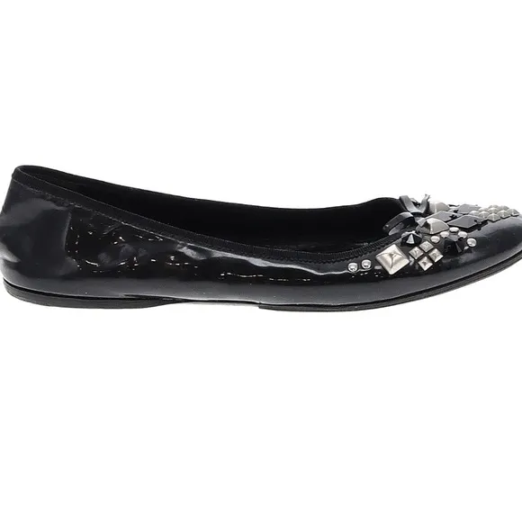 Prada Black Patent Leather Ballerina Flats Stud Stone Bow Embellishment Sz EU 39
