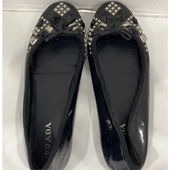 Prada Black Patent Leather Ballerina Flats Stud Stone Bow Embellishment Sz EU 39