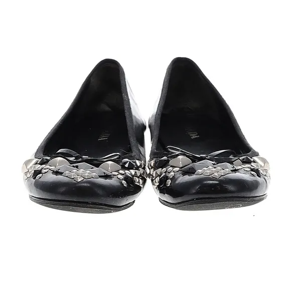 Prada Black Patent Leather Ballerina Flats Stud Stone Bow Embellishment Sz EU 39
