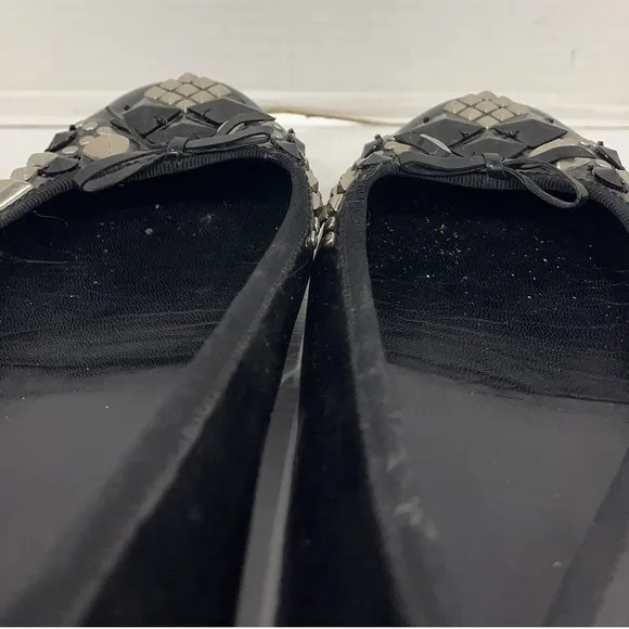 Prada Black Patent Leather Ballerina Flats Stud Stone Bow Embellishment Sz EU 39