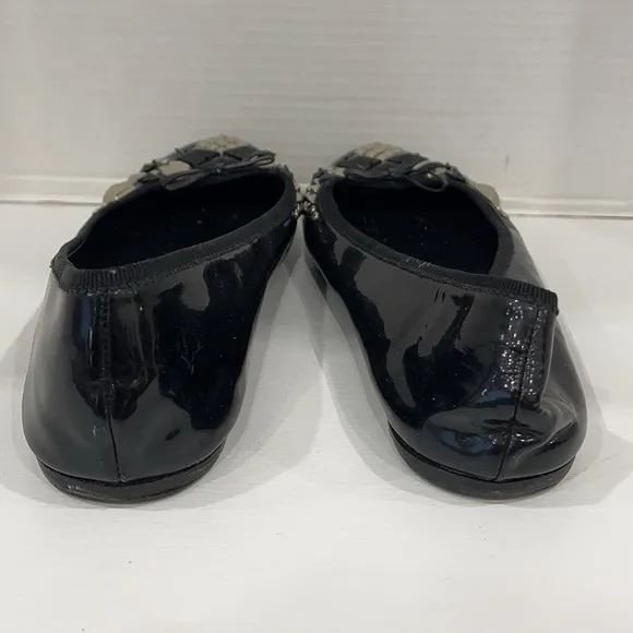 Prada Black Patent Leather Ballerina Flats Stud Stone Bow Embellishment Sz EU 39