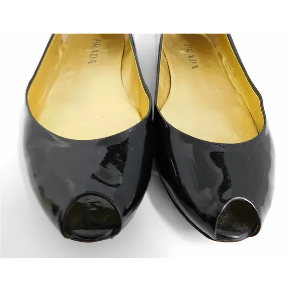 Prada Black Patent Leather Peep Toe Flats Italy 36.5