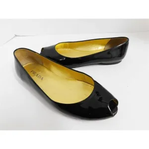 Prada Black Patent Leather Peep Toe Flats Italy 36.5