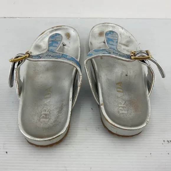 PRADA Blue &amp; Silver Brocade Leather Thong Sandals Women’s Size 7 Preowned