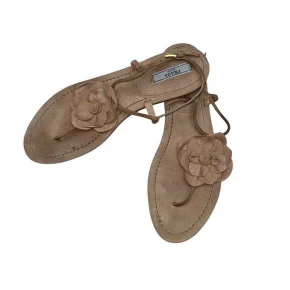 prada italy tan leather flowers thong ankle strap flat sandals 39 9