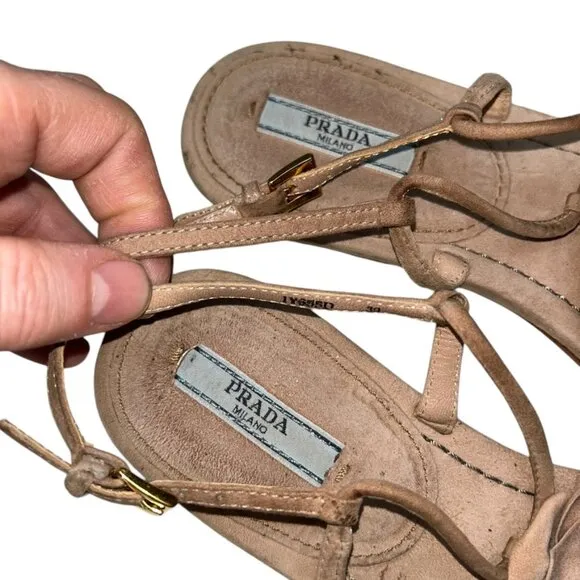 prada italy tan leather flowers thong ankle strap flat sandals 39 9