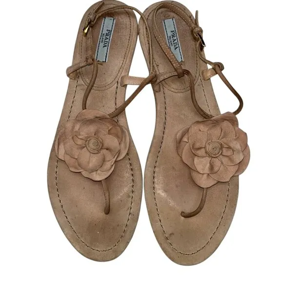 prada italy tan leather flowers thong ankle strap flat sandals 39 9