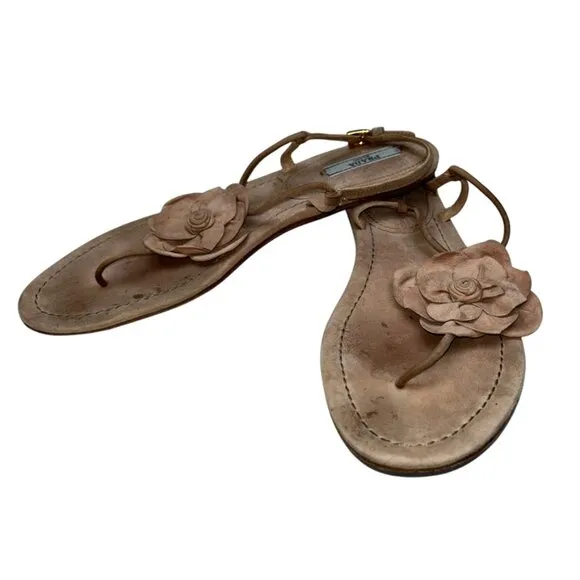 prada italy tan leather flowers thong ankle strap flat sandals 39 9