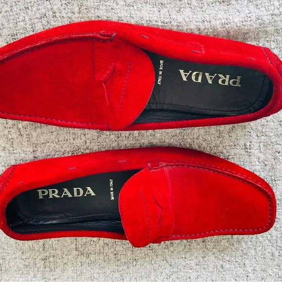 Prada Red Suede Slip-On Loafers