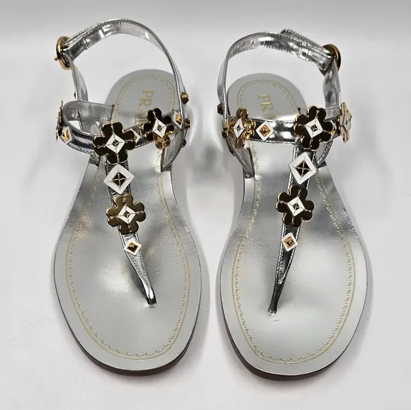 Prada Sling Back Thong Sandals Silver/Gold - size 36.5