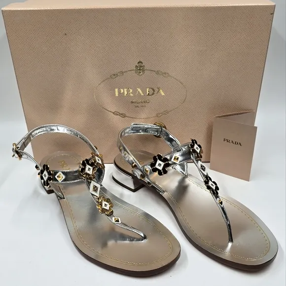Prada Sling Back Thong Sandals Silver/Gold - size 36.5