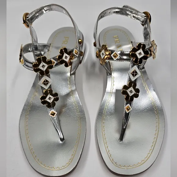 Prada Sling Back Thong Sandals Silver/Gold - size 36.5