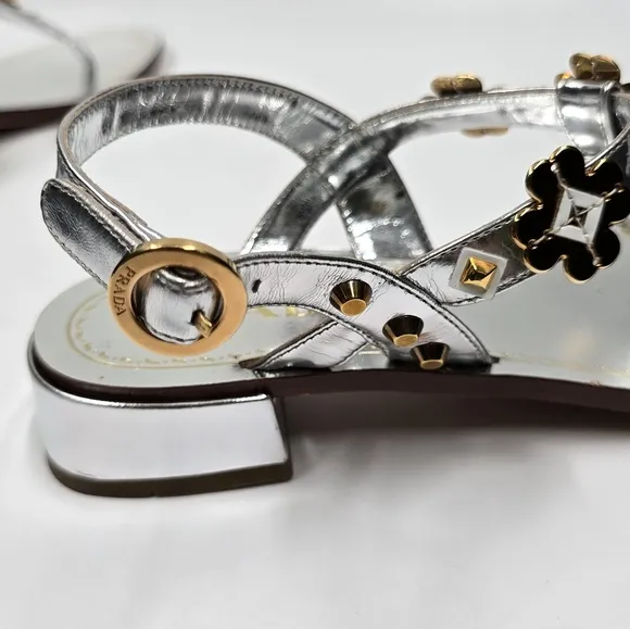 Prada Sling Back Thong Sandals Silver/Gold - size 36.5