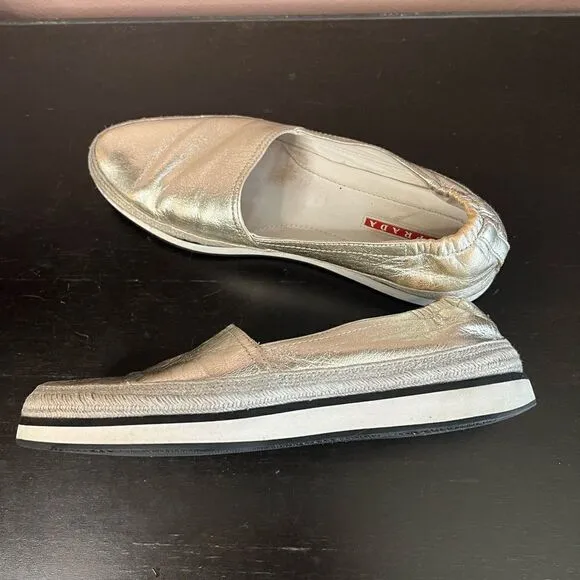 Prada sports leather braided accents silver metallic flat espadrilles shoes 38