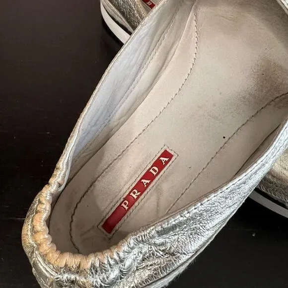 Prada sports leather braided accents silver metallic flat espadrilles shoes 38