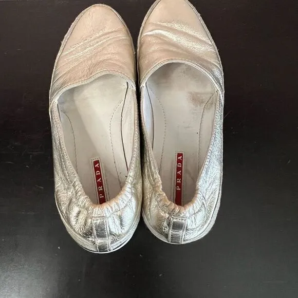 Prada sports leather braided accents silver metallic flat espadrilles shoes 38