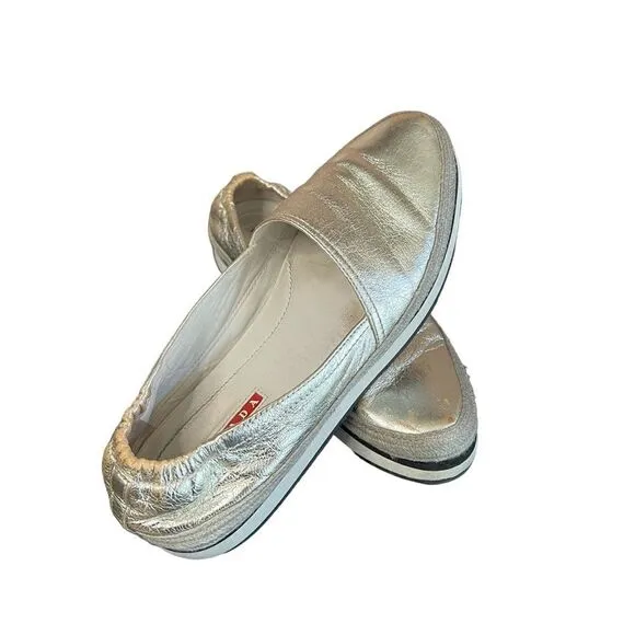 Prada sports leather braided accents silver metallic flat espadrilles shoes 38