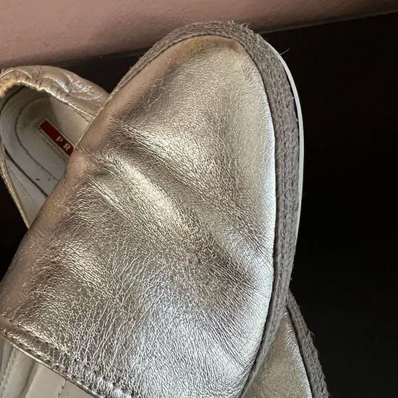 Prada sports leather braided accents silver metallic flat espadrilles shoes 38