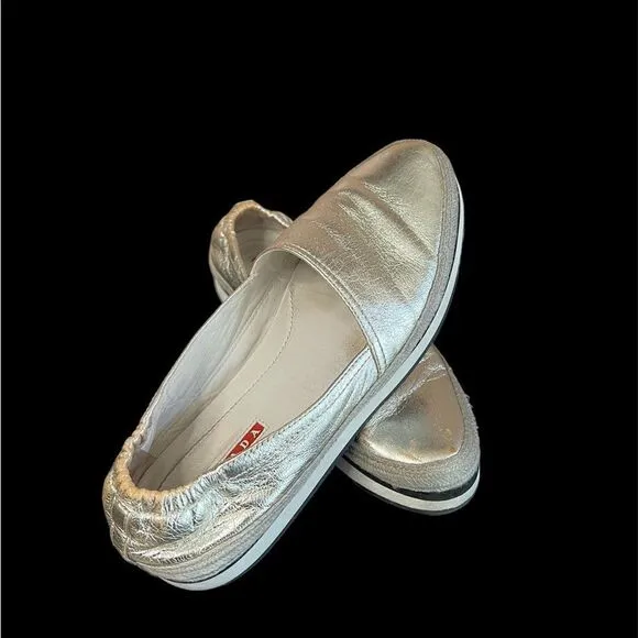 Prada sports leather braided accents silver metallic flat espadrilles shoes 38