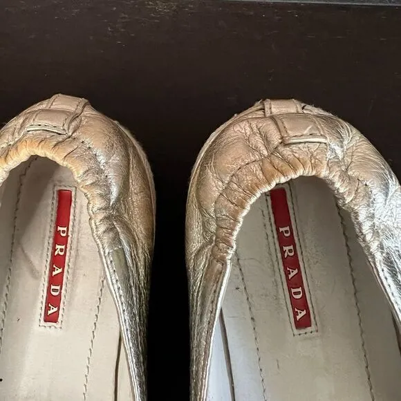 Prada sports leather braided accents silver metallic flat espadrilles shoes 38