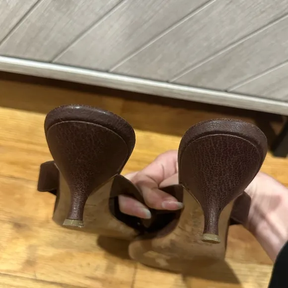 Prada Vintage Antic Brown Leather Heart Thong Kitten Heel Sandals